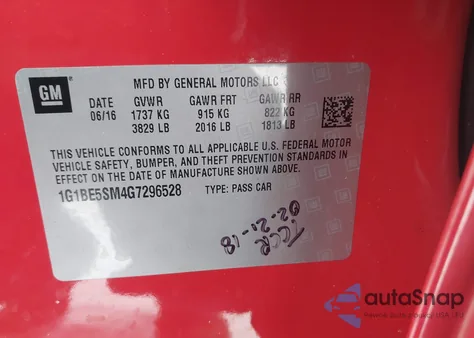 2016 Chevrolet Cruze Lt Auto from USA, damaged, VIN 1G1BE5SM4G7296528